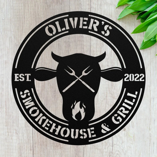 BBQ & Smokehouse Sign Personalized Chef Name Kitchen Metal