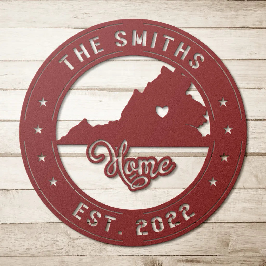 Personalized Virginia Metal Wall Art Custom State Sign - Red